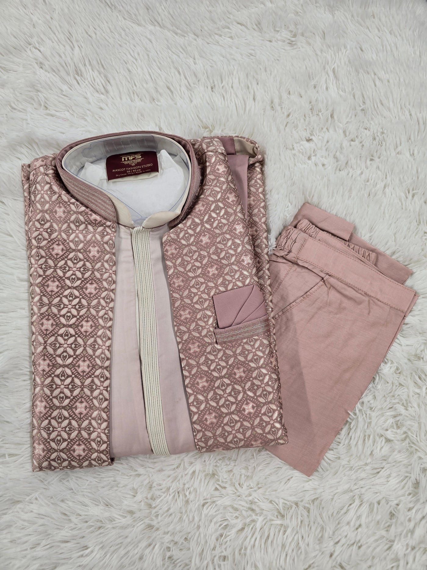Men’s Onion Pink Kurta Pyjama with Jacquard Coat