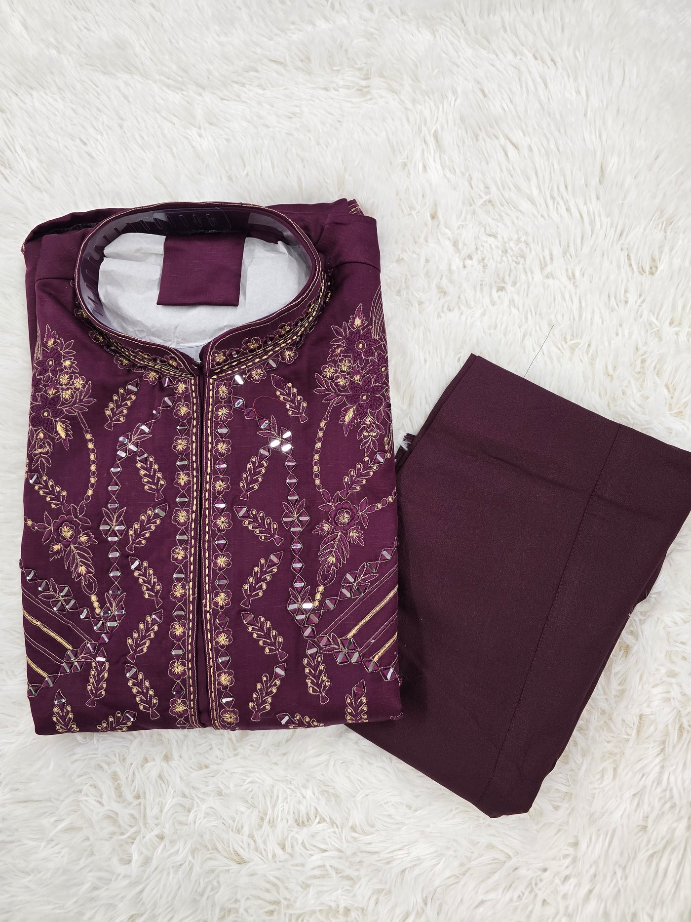 Men’s Wine Embroidered Three-Piece Set