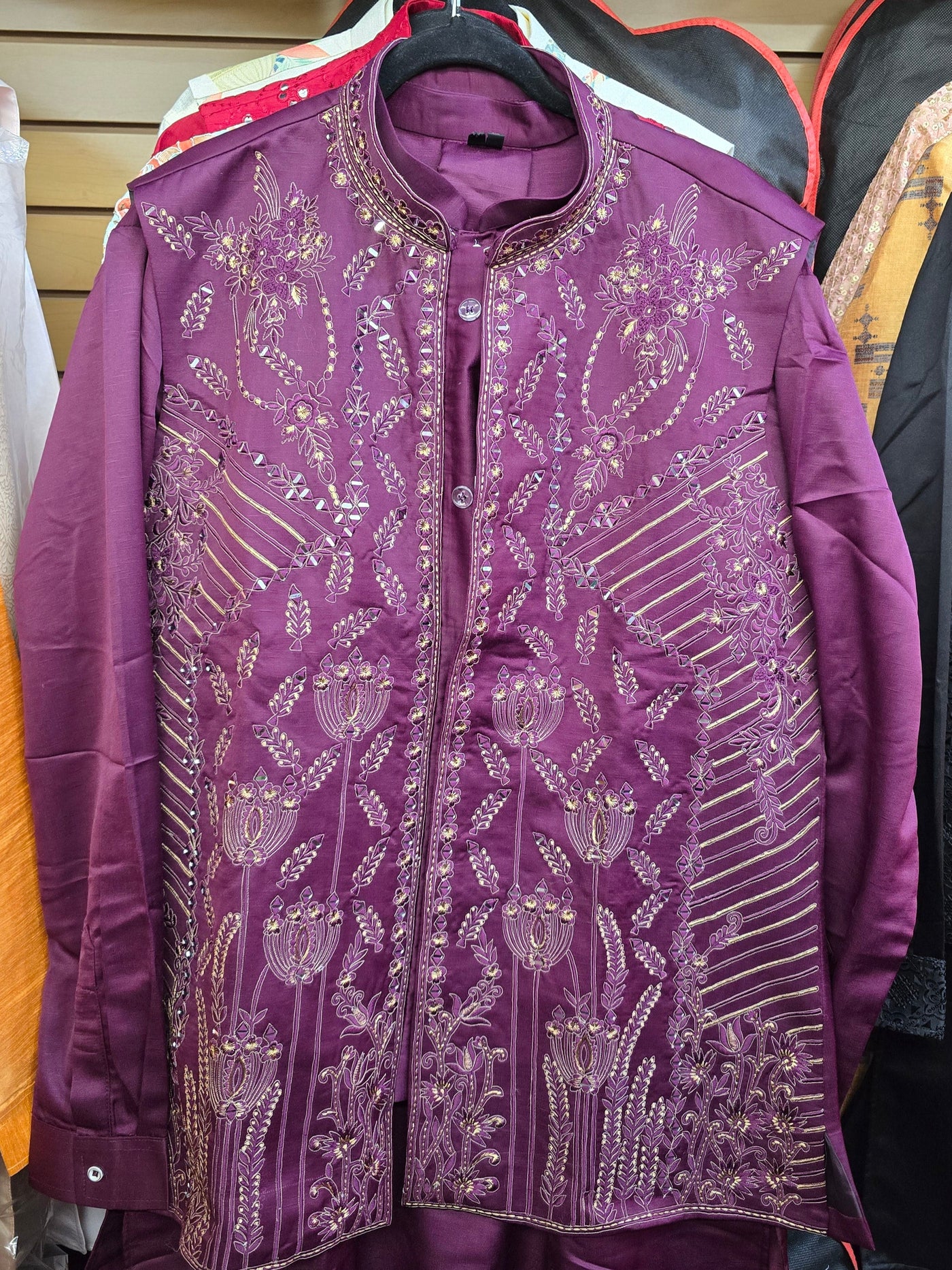 Men’s Wine Embroidered Three-Piece Set