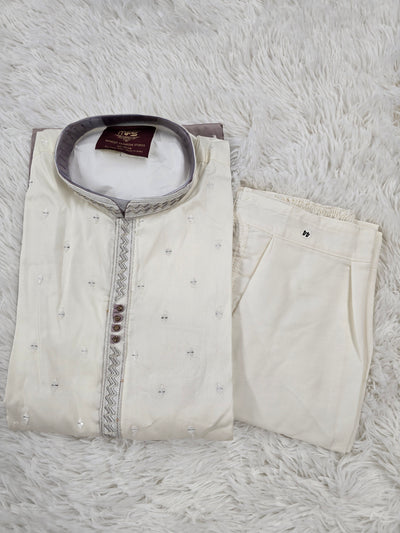 Men’s Cream to Brown Ombre Kurta Pajama with White Embroidery Work
