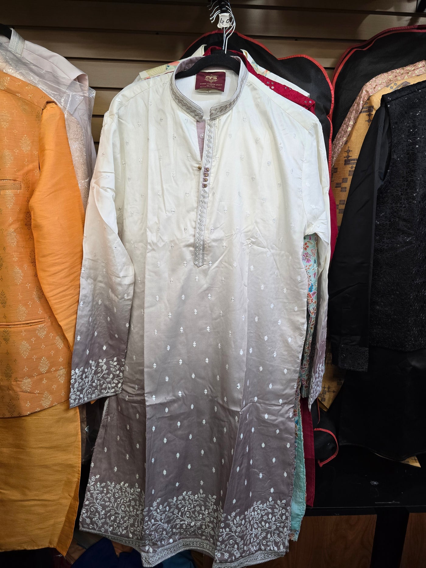 Men’s Cream to Brown Ombre Kurta Pajama with White Embroidery Work