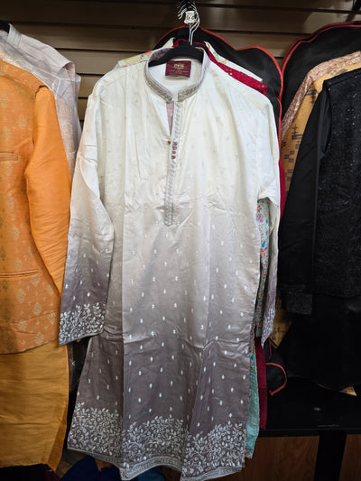 Men’s Cream to Brown Ombre Kurta Pajama with White Embroidery Work