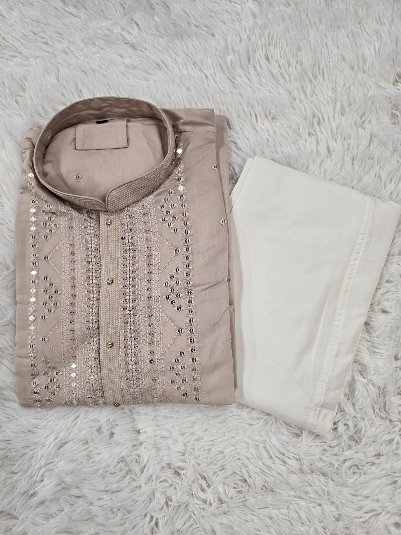 Men’s Light Taupe Kurta Pajama with Mirror & Thread Embroidery
