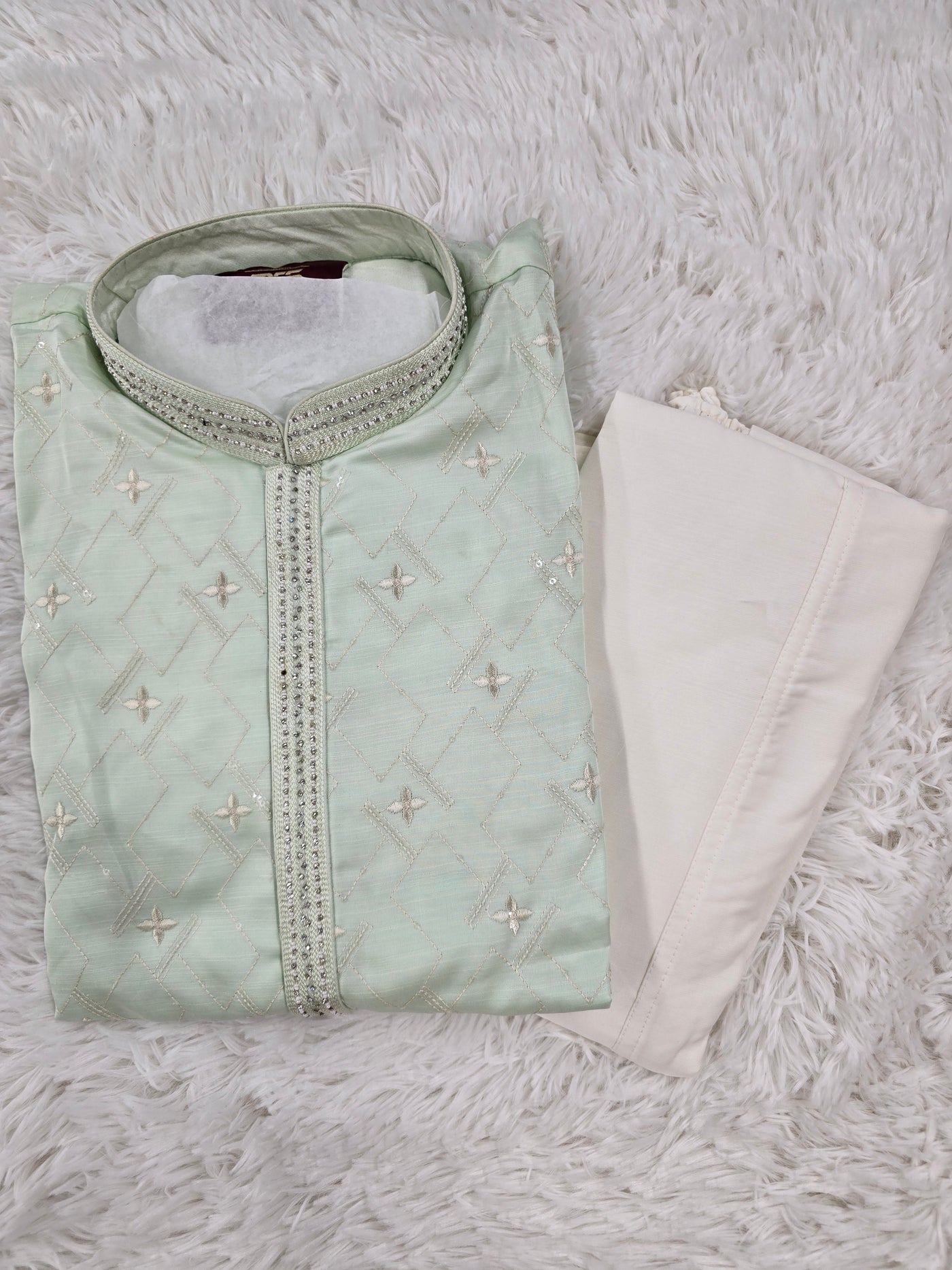 Men’s Light Mint Green Kurta Pyjama Set with Subtle Embroidery & Stone Work