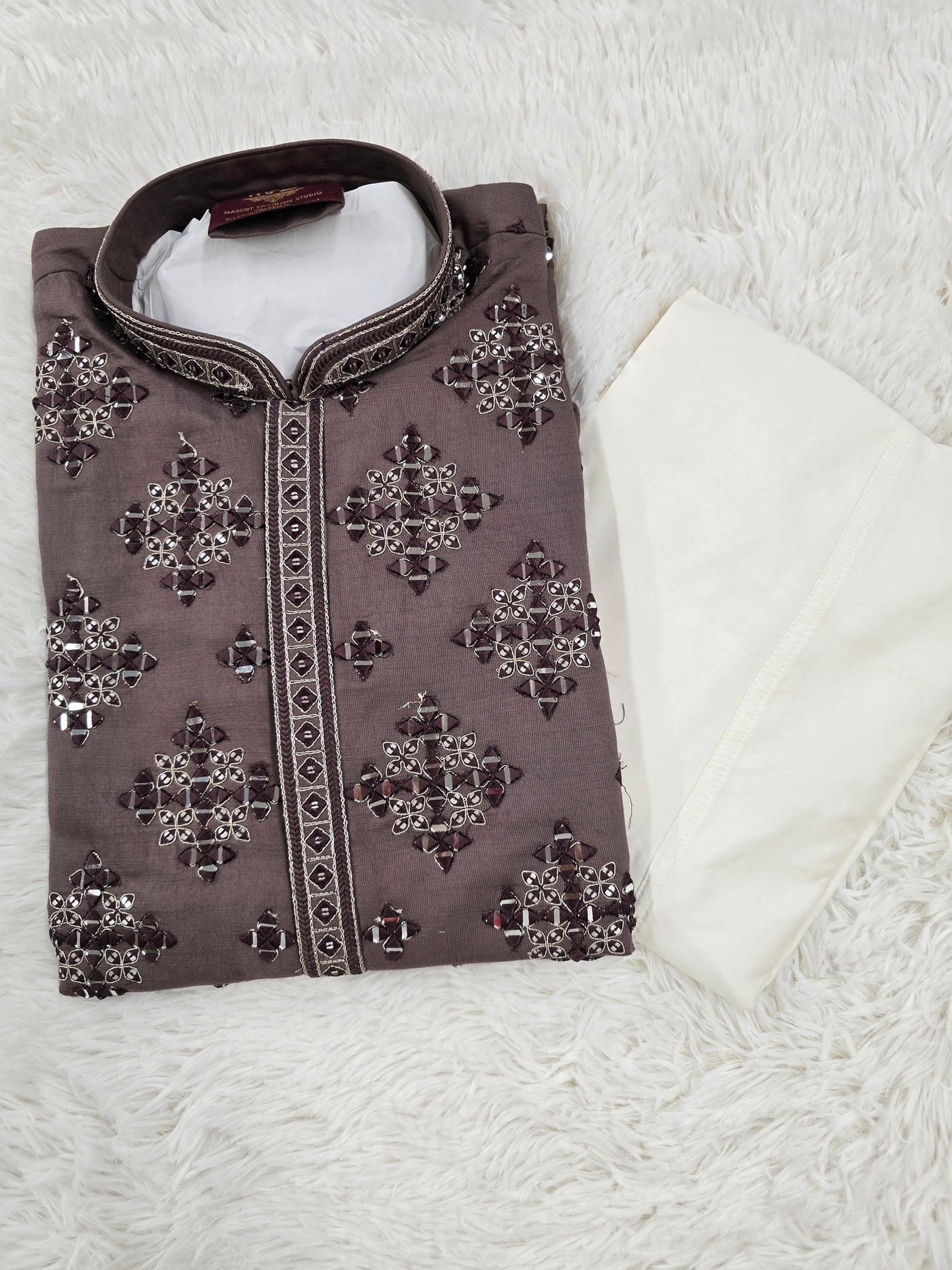 Men’s Dark Mauve Mirror Work Kurta Pajama