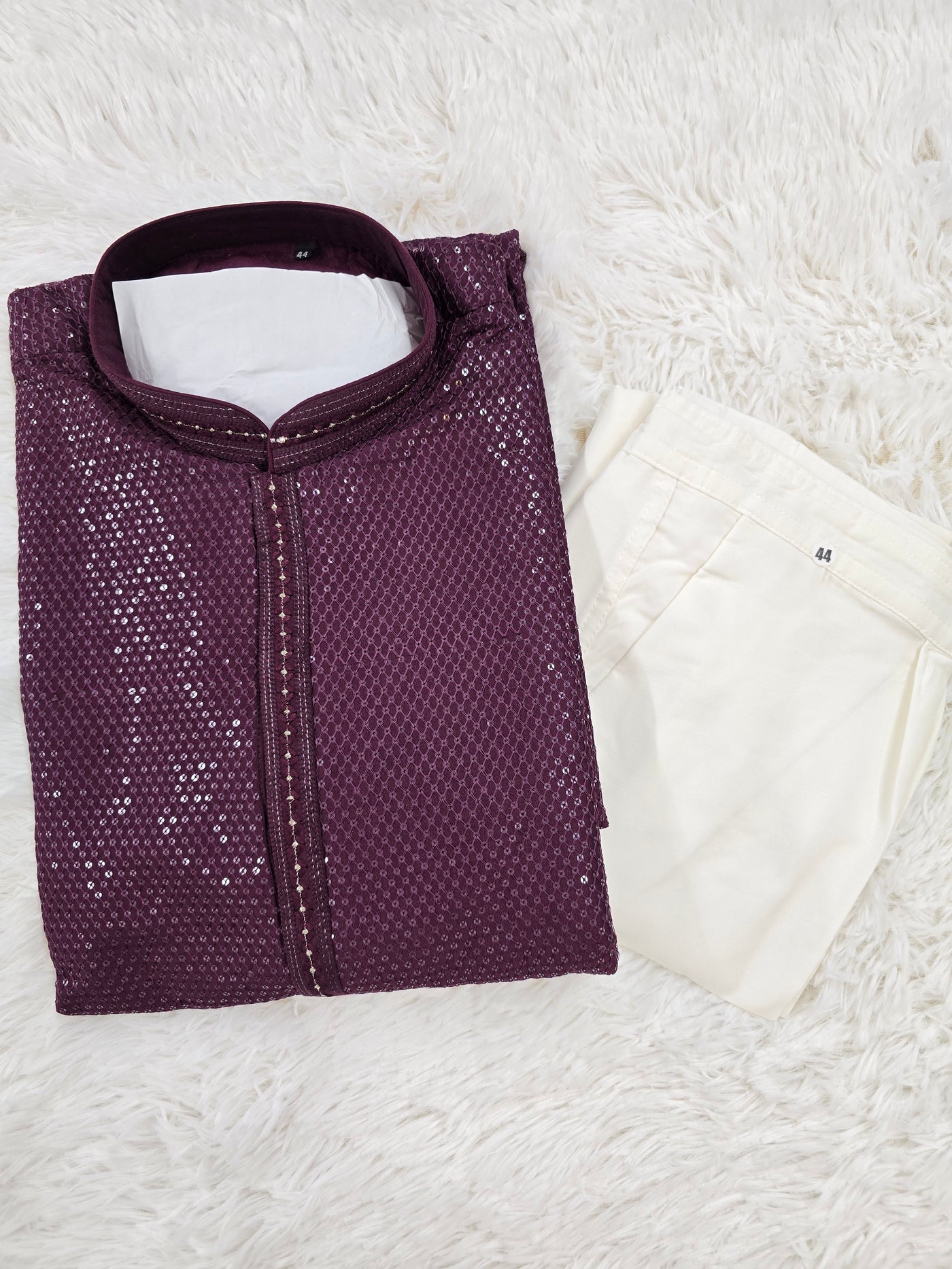 Men’s Wine Sequin Work Kurta Pyjama Set