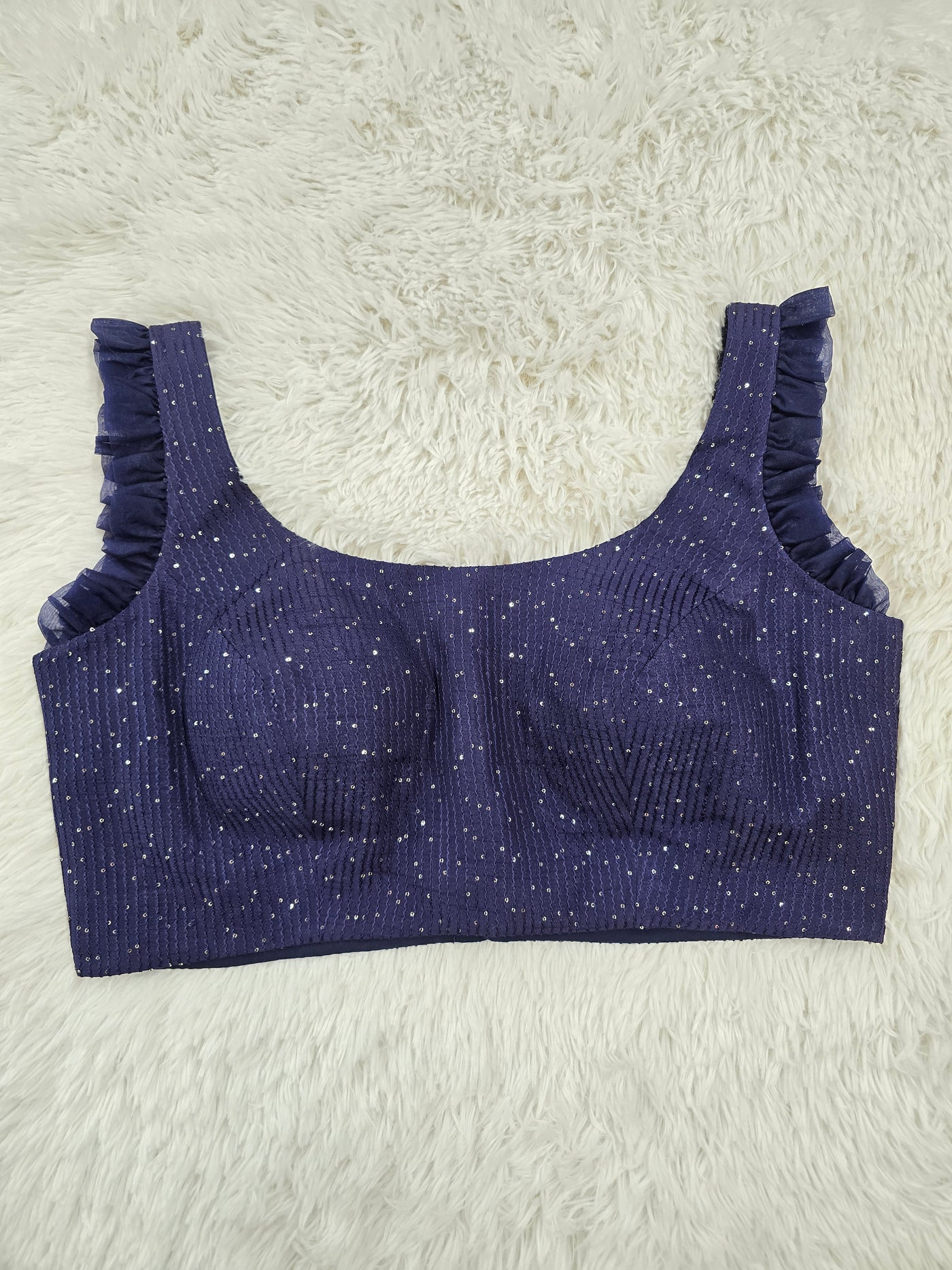 Navy Blue Sequin Embroidered Readymade Blouse – Ruffle Sleeve Padded Designer Partywear Blouse