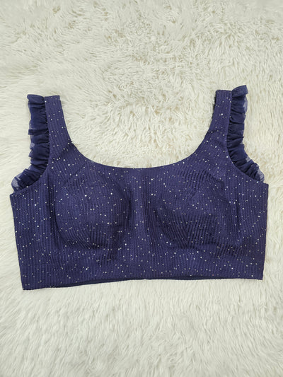 Navy Blue Sequin Embroidered Readymade Blouse – Ruffle Sleeve Padded Designer Partywear Blouse