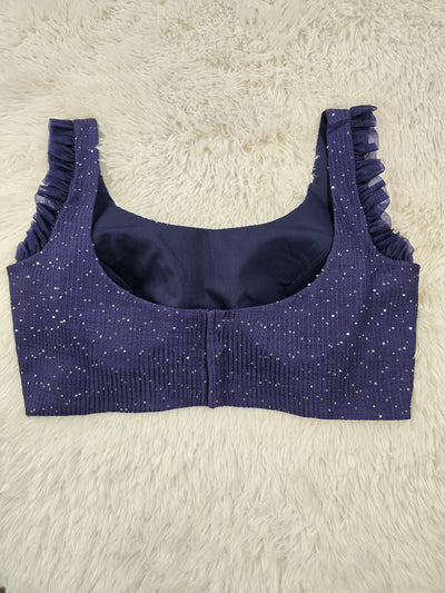 Navy Blue Sequin Embroidered Readymade Blouse – Ruffle Sleeve Padded Designer Partywear Blouse