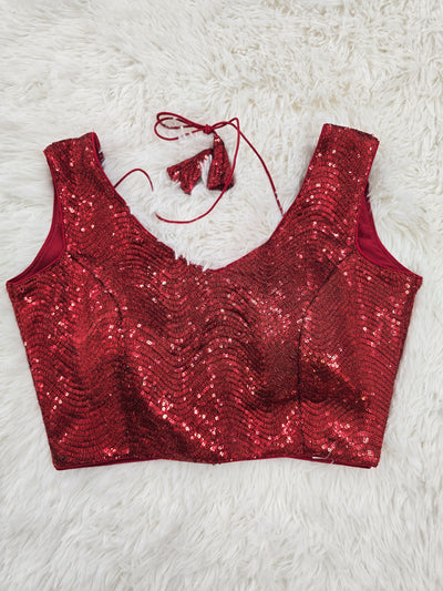 Red Sequin Embroidered Readymade Blouse – Leaf Neck Padded Back-Tie Partywear Blouse