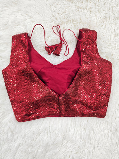 Red Sequin Embroidered Readymade Blouse – Leaf Neck Padded Back-Tie Partywear Blouse