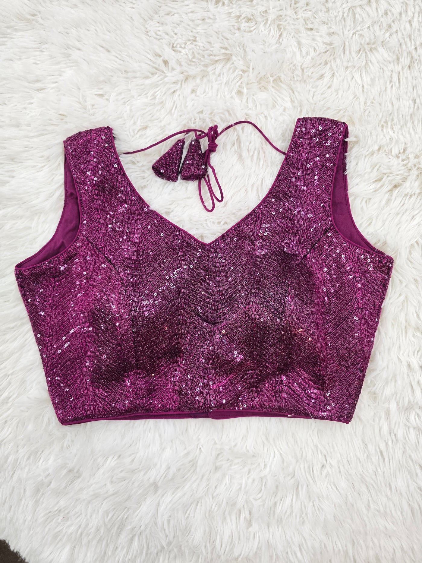 Magenta Sequin Embroidered Readymade Blouse – Leaf Neck Padded Back-Tie Designer Blouse