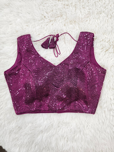 Magenta Sequin Embroidered Readymade Blouse – Leaf Neck Padded Back-Tie Designer Blouse