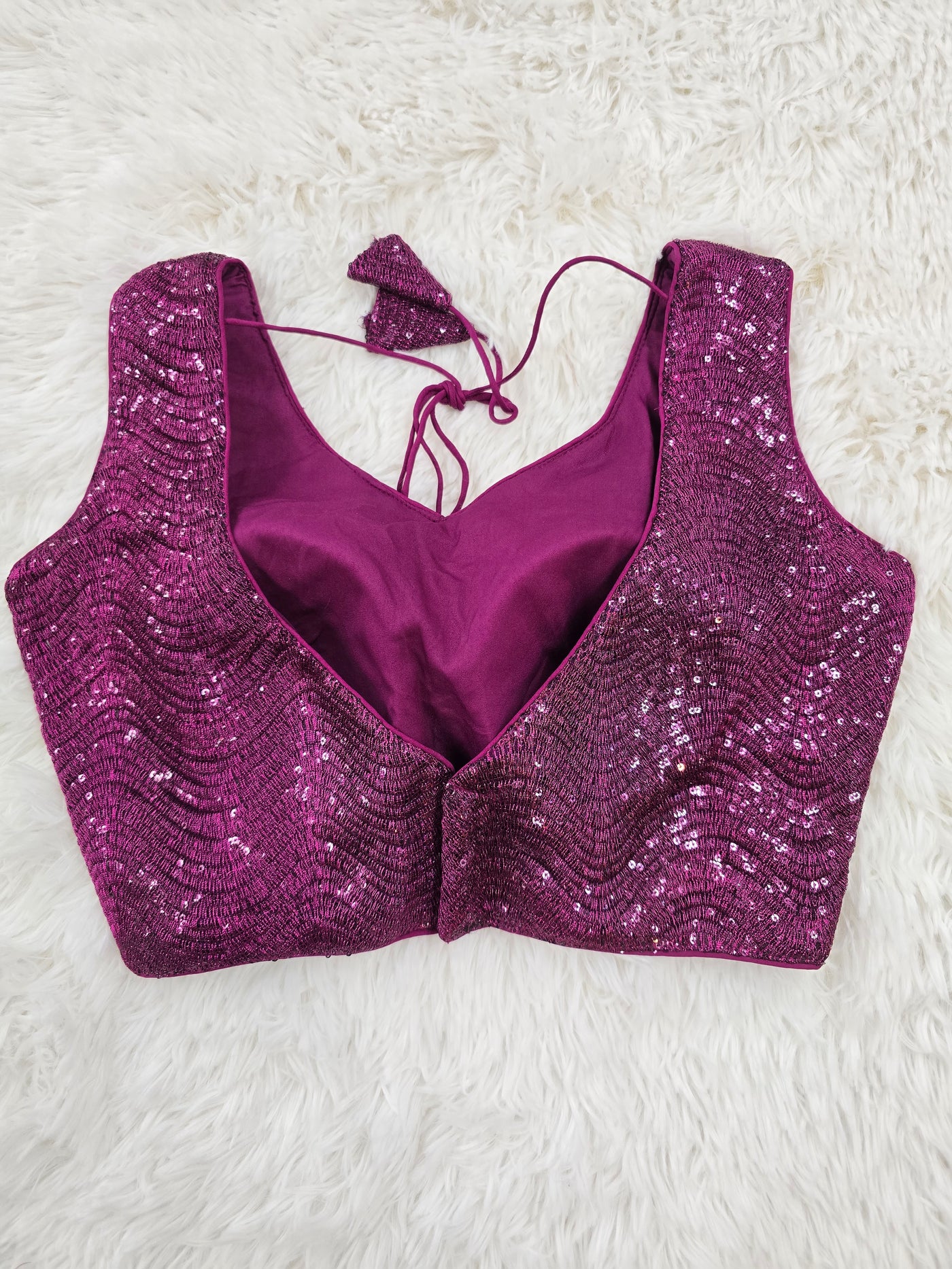 Magenta Sequin Embroidered Readymade Blouse – Leaf Neck Padded Back-Tie Designer Blouse