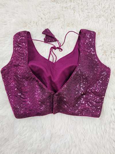 Magenta Sequin Embroidered Readymade Blouse – Leaf Neck Padded Back-Tie Designer Blouse
