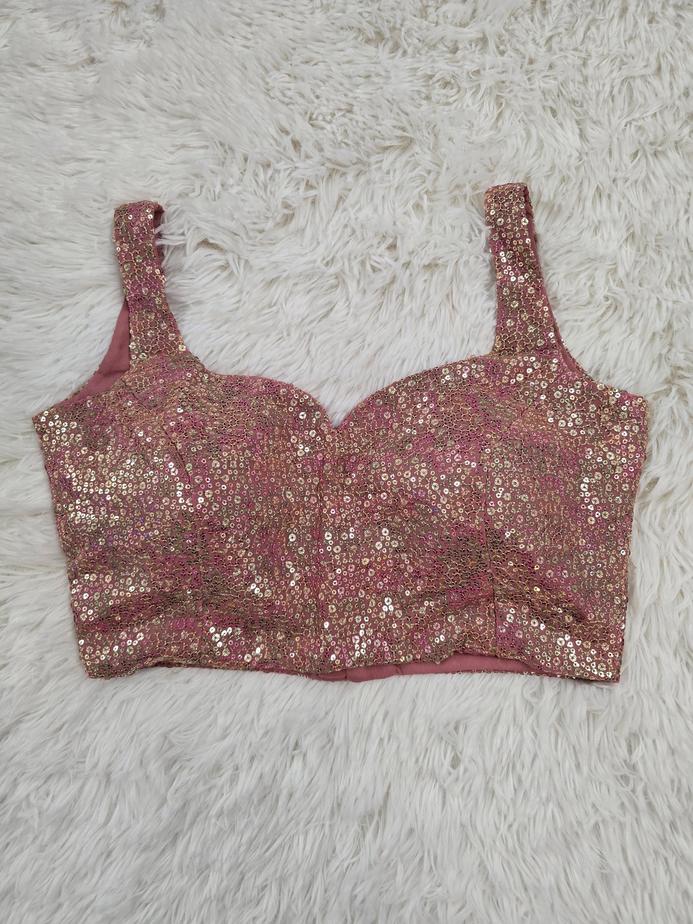 Baby Pink Sequin Embroidered Readymade Blouse – Leaf Neck Padded Partywear Blouse