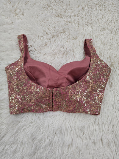 Baby Pink Sequin Embroidered Readymade Blouse – Leaf Neck Padded Partywear Blouse
