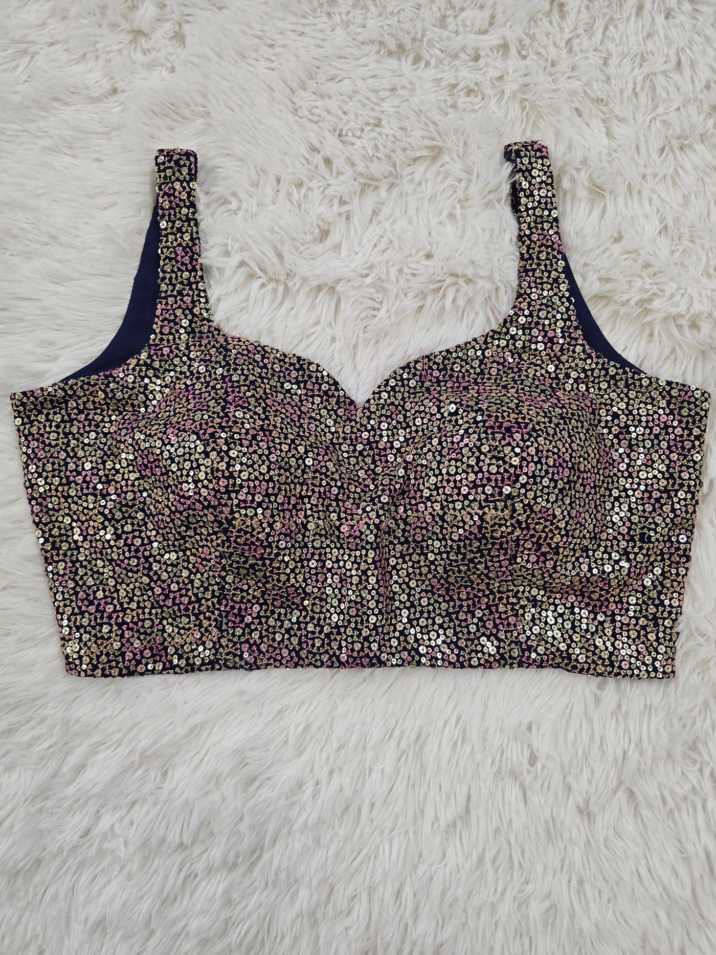 Navy Blue Sequin Embroidered Readymade Blouse – Leaf Neck Padded Designer Blouse