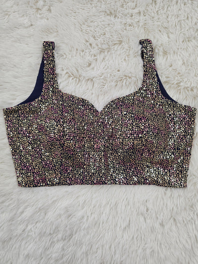 Navy Blue Sequin Embroidered Readymade Blouse – Leaf Neck Padded Designer Blouse
