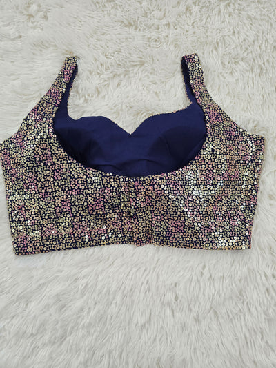 Navy Blue Sequin Embroidered Readymade Blouse – Leaf Neck Padded Designer Blouse