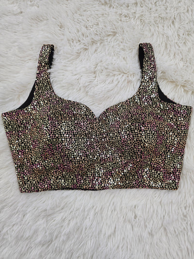 Black Sequin Embroidered Readymade Blouse – Leaf Neck Padded Partywear Blouse