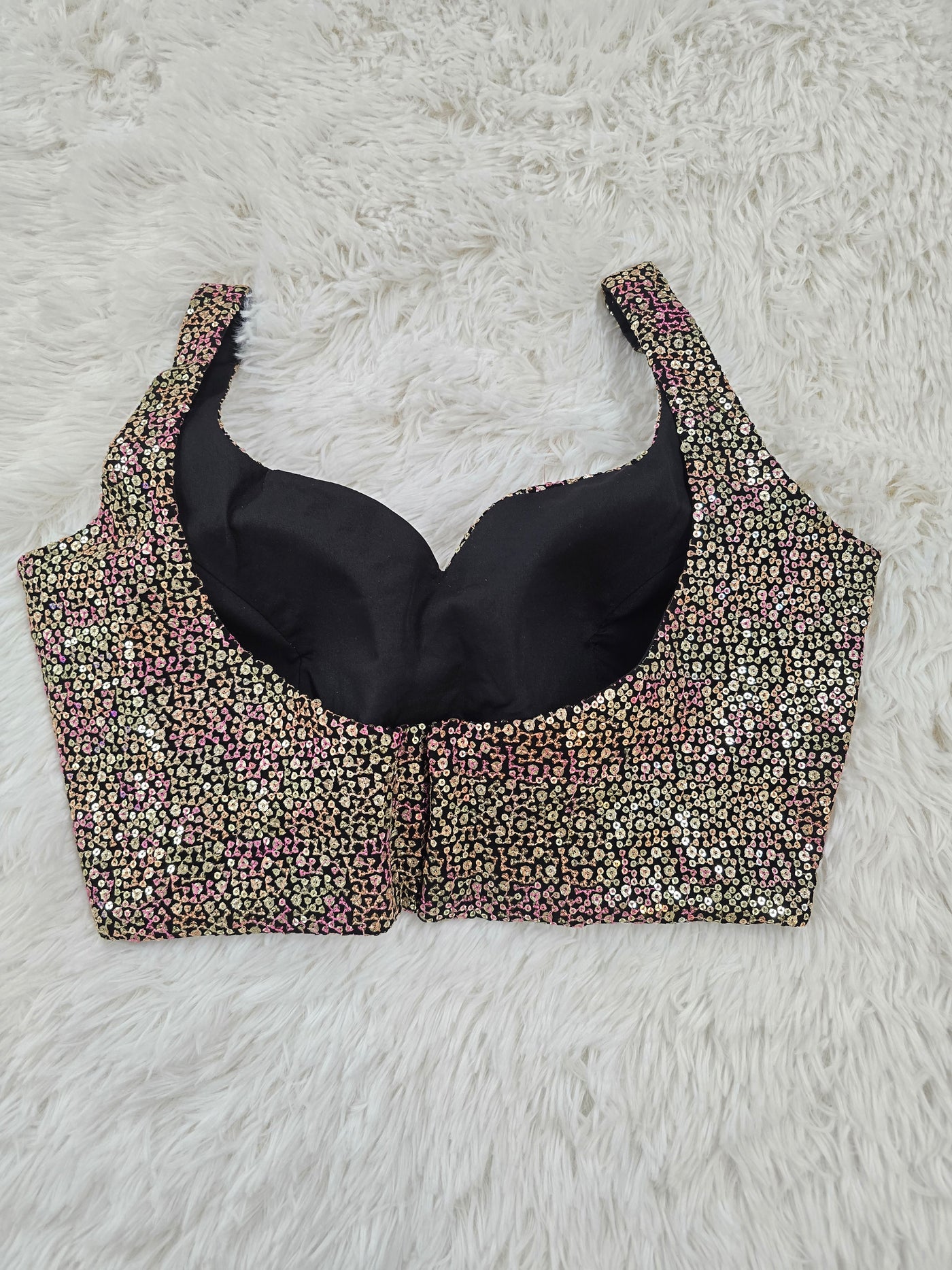 Black Sequin Embroidered Readymade Blouse – Leaf Neck Padded Partywear Blouse