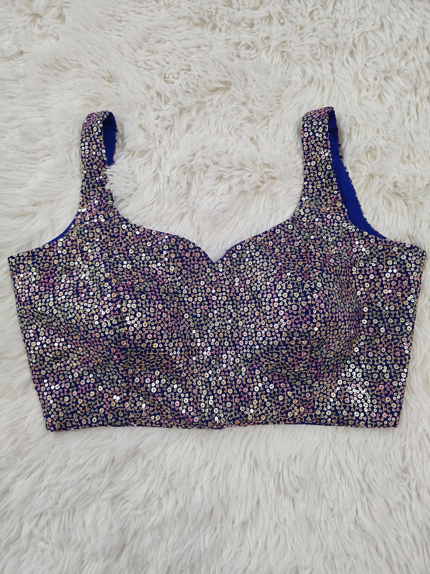 Royal Blue Sequin Embroidered Readymade Blouse – Leaf Neck Padded Designer Blouse
