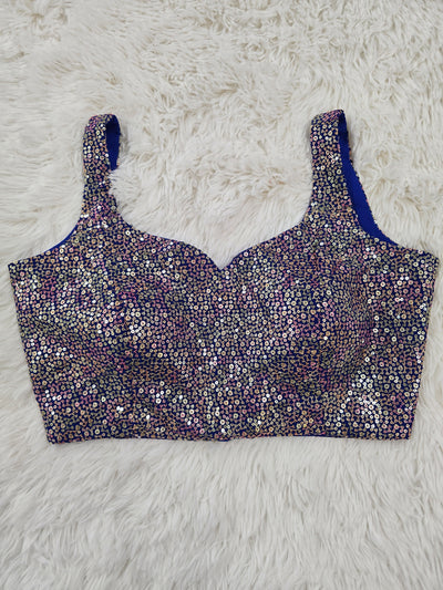Royal Blue Sequin Embroidered Readymade Blouse – Leaf Neck Padded Designer Blouse