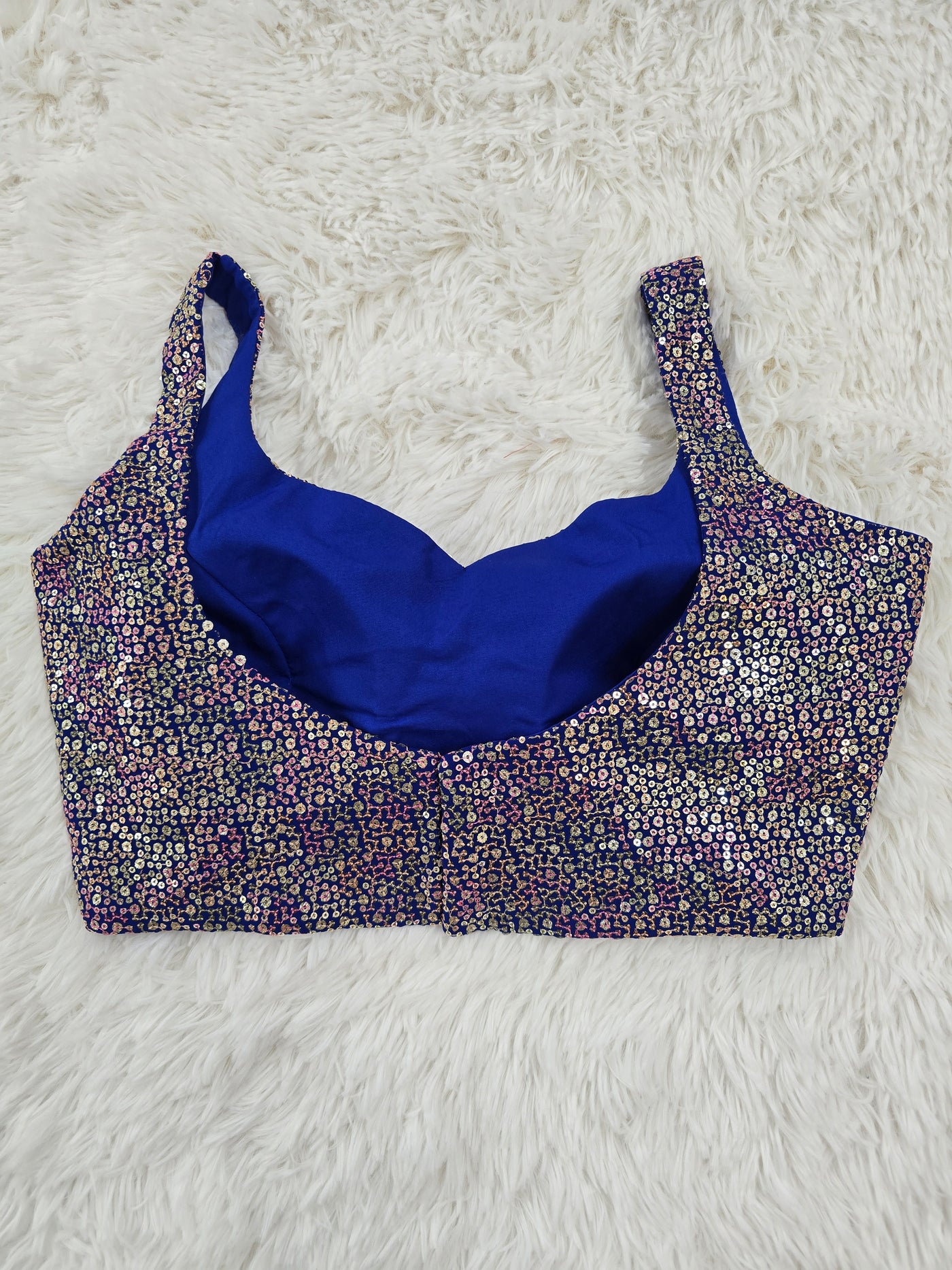 Royal Blue Sequin Embroidered Readymade Blouse – Leaf Neck Padded Designer Blouse