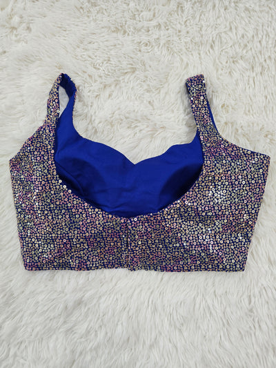 Royal Blue Sequin Embroidered Readymade Blouse – Leaf Neck Padded Designer Blouse