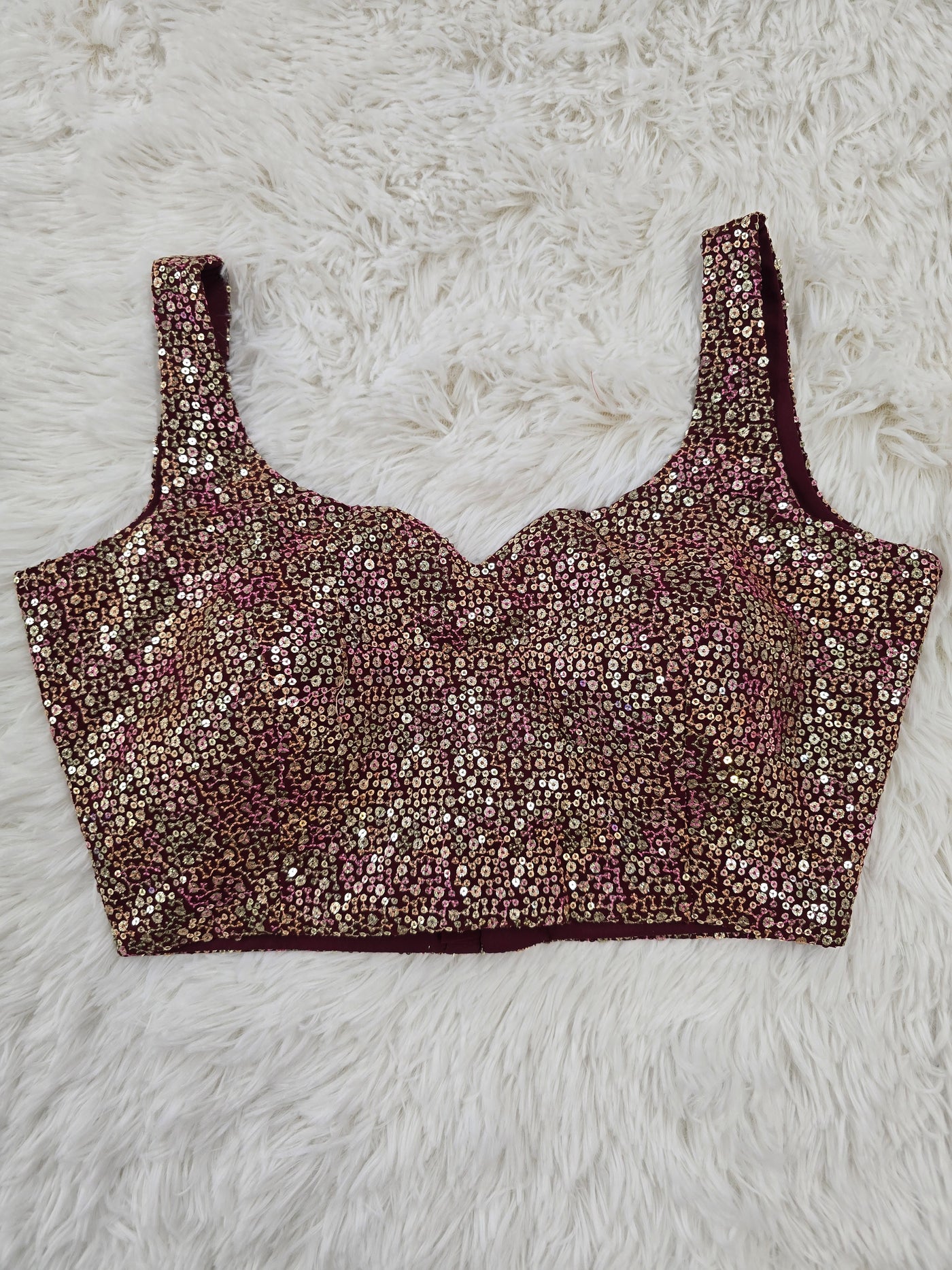 Wine Sequin Embroidered Readymade Blouse – Leaf Neck Padded Partywear Blouse