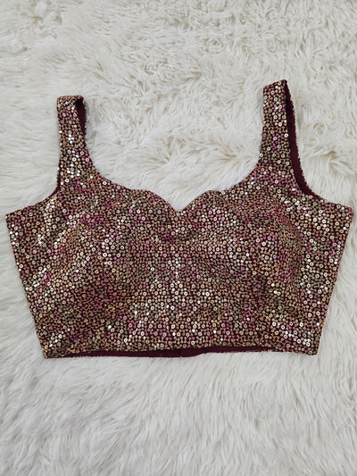 Wine Sequin Embroidered Readymade Blouse – Leaf Neck Padded Partywear Blouse