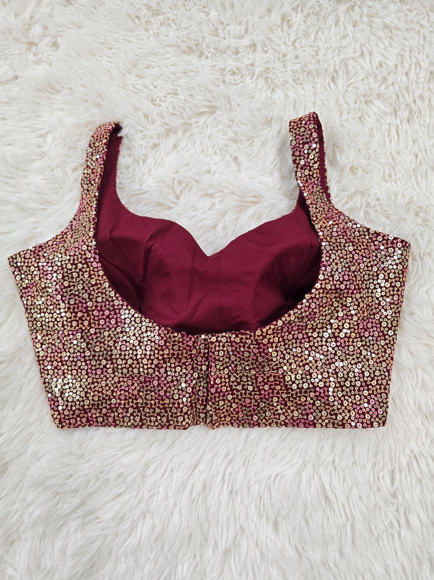 Wine Sequin Embroidered Readymade Blouse – Leaf Neck Padded Partywear Blouse
