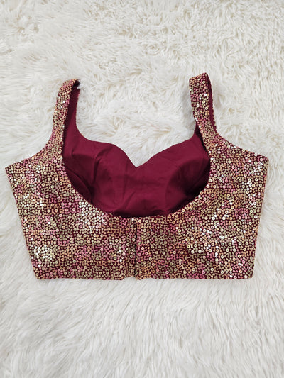 Wine Sequin Embroidered Readymade Blouse – Leaf Neck Padded Partywear Blouse