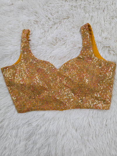Mustard Yellow Sequin Embroidered Readymade Blouse – Leaf Neck Padded Designer Blouse