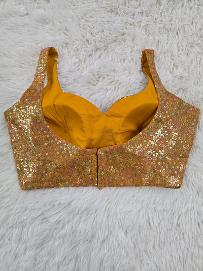 Mustard Yellow Sequin Embroidered Readymade Blouse – Leaf Neck Padded Designer Blouse