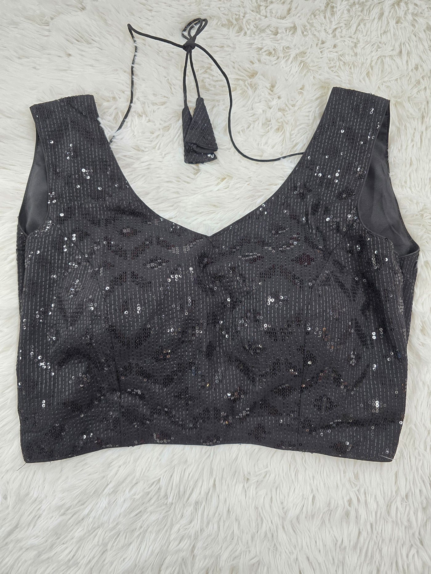 Black Patterned Sequin Embroidered Readymade Blouse – Leaf Neck Padded Back-Tie Designer Blouse