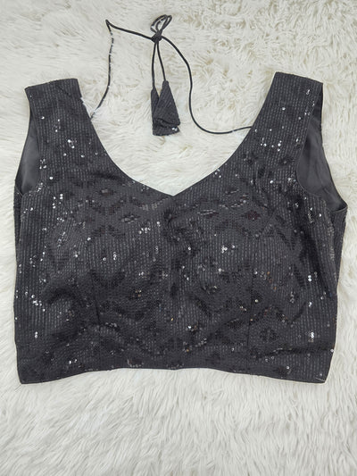Black Patterned Sequin Embroidered Readymade Blouse – Leaf Neck Padded Back-Tie Designer Blouse