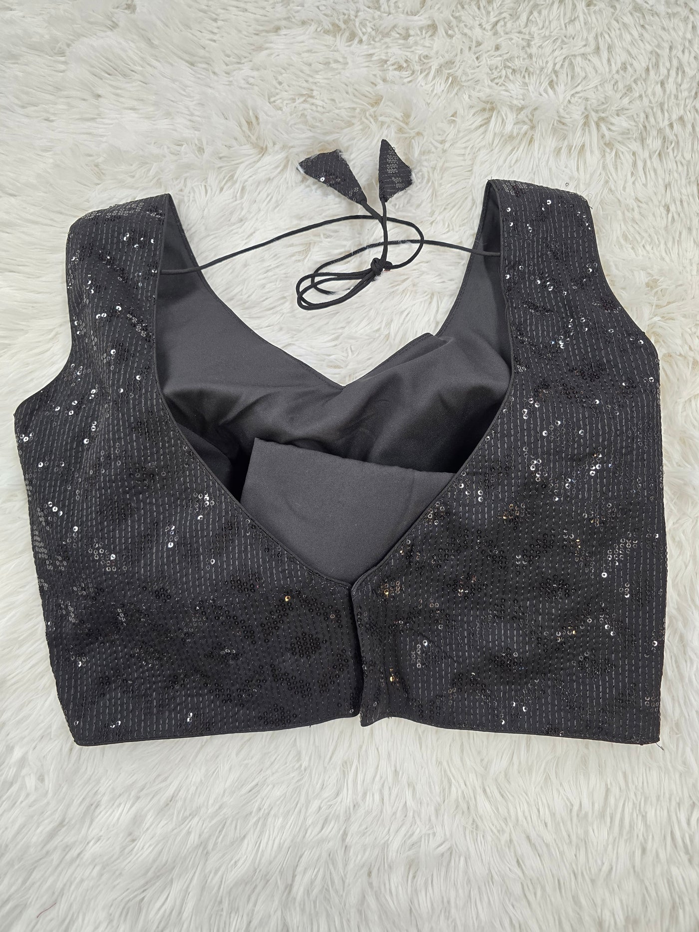 Black Patterned Sequin Embroidered Readymade Blouse – Leaf Neck Padded Back-Tie Designer Blouse