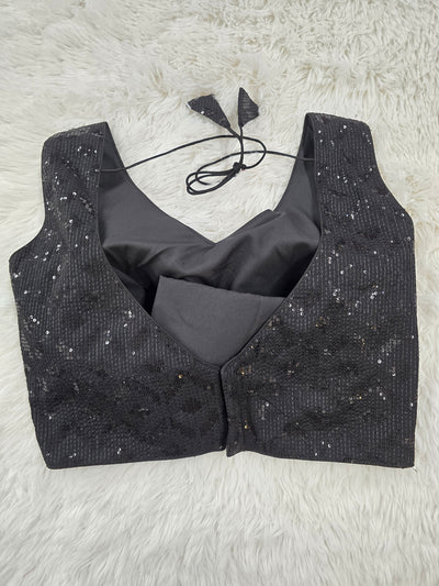 Black Patterned Sequin Embroidered Readymade Blouse – Leaf Neck Padded Back-Tie Designer Blouse