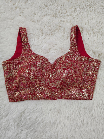 Red Sequin Embroidered Readymade Blouse – Leaf Neck Padded Designer Blouse