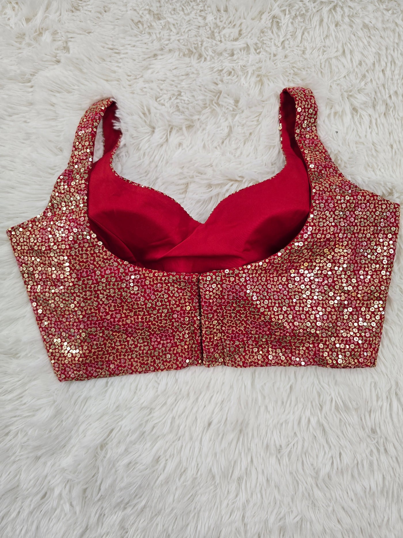 Red Sequin Embroidered Readymade Blouse – Leaf Neck Padded Designer Blouse