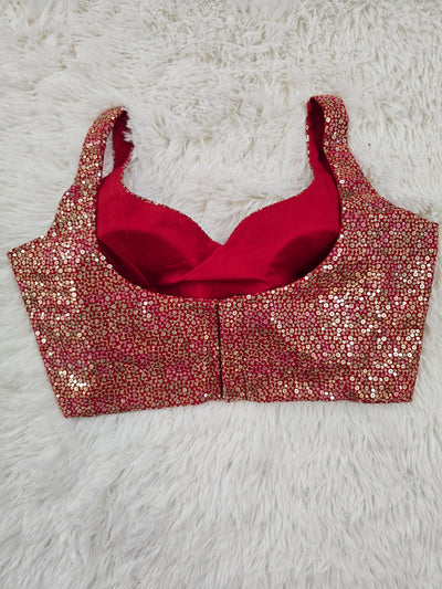 Red Sequin Embroidered Readymade Blouse – Leaf Neck Padded Designer Blouse