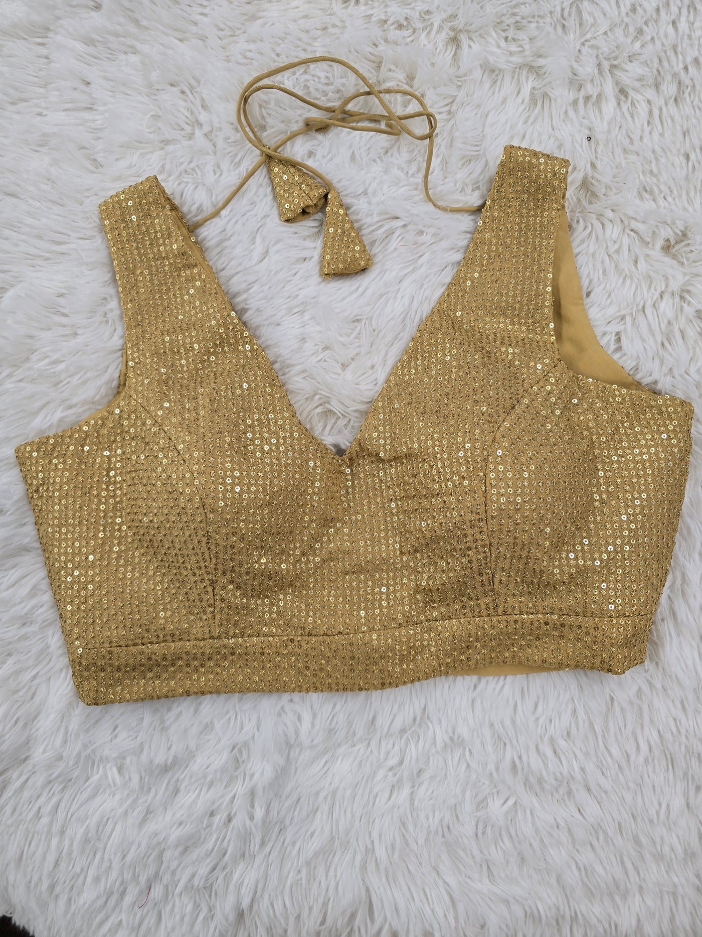 Gold Sequin Embroidered Readymade Blouse – Deep V-Neck Padded Back-Tie Festive Blouse