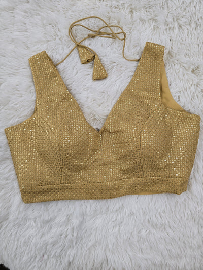 Gold Sequin Embroidered Readymade Blouse – Deep V-Neck Padded Back-Tie Festive Blouse