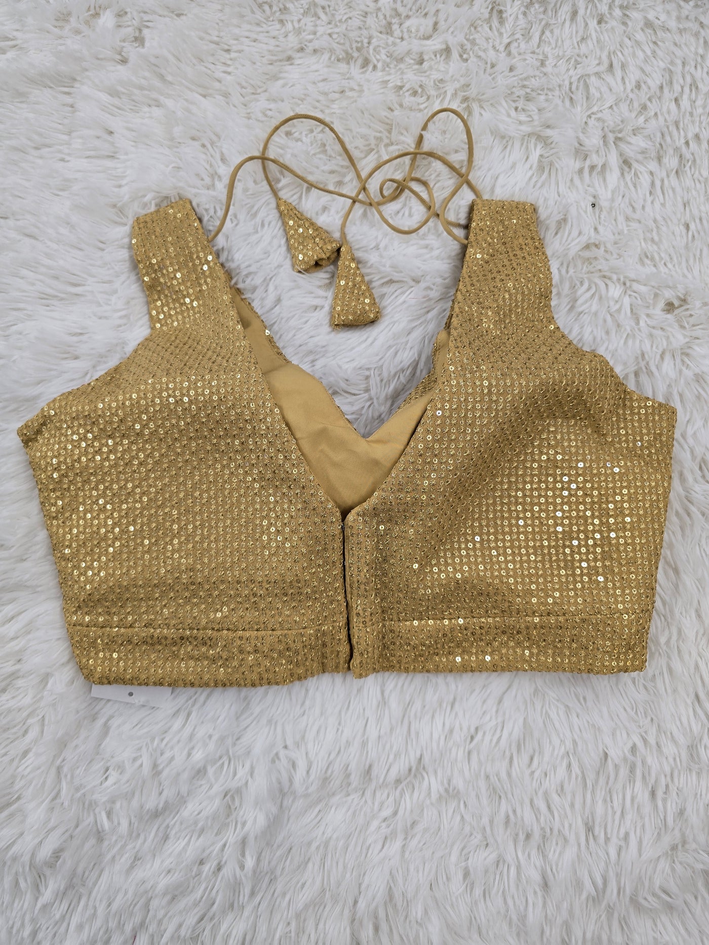 Gold Sequin Embroidered Readymade Blouse – Deep V-Neck Padded Back-Tie Festive Blouse