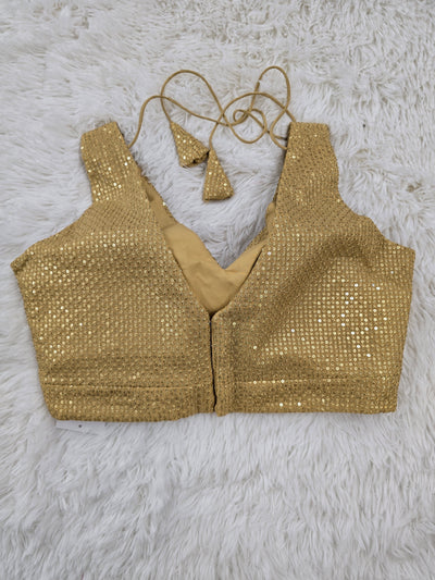 Gold Sequin Embroidered Readymade Blouse – Deep V-Neck Padded Back-Tie Festive Blouse