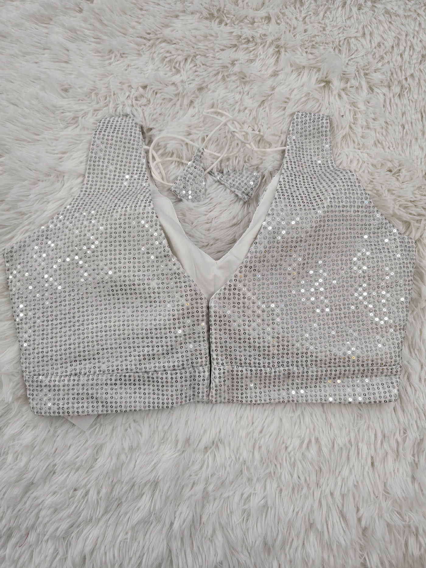 White Sequin Embroidered Readymade Blouse – Deep V-Neck Padded Back-Tie Designer Blouse