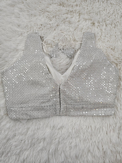 White Sequin Embroidered Readymade Blouse – Deep V-Neck Padded Back-Tie Designer Blouse
