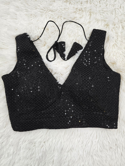 Black Sequin Embroidered Readymade Blouse – Deep V-Neck Back-Tie Partywear Blouse